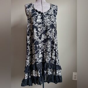 Floral navy and cream Sleeveless Dress ruffle hem spring summer beachy boho